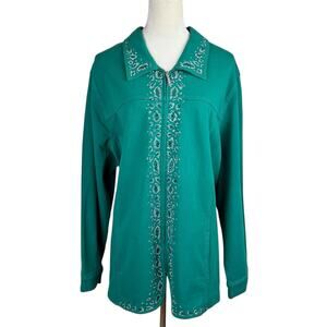 Dream Jeannes Quacker Factory NWT Green Rhinestone Full Zip Fancy Collar Jacket